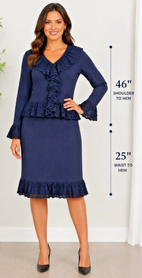Bloomingdale's Navy Blue 2 Piece Skirt Suit Set Women's Large Ruffle Knit Vtg. 