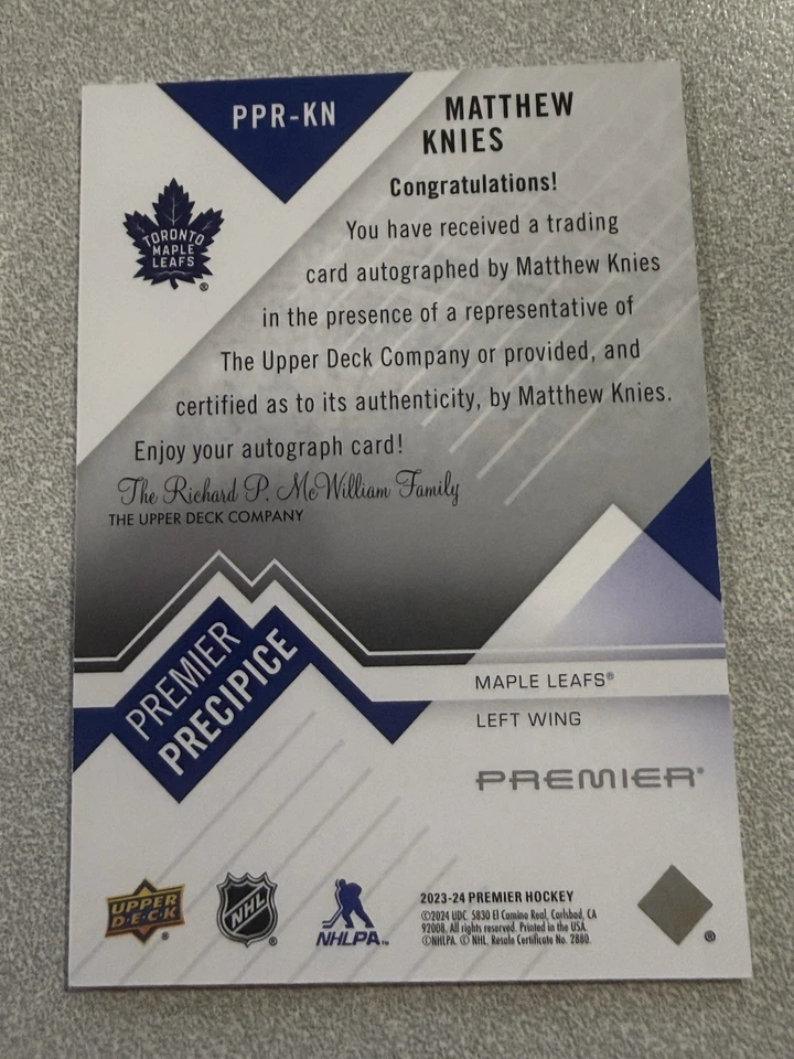 2024-25 UD Premier 2023-24 Update ROOKIE Precipice Auto #PPR-KN Matthew Knies - Image 2 of 2