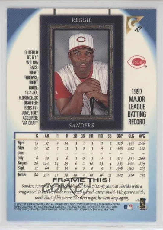 1998 Topps Gallery Permanent Collection Reggie Sanders #73 - Image 2 of 2