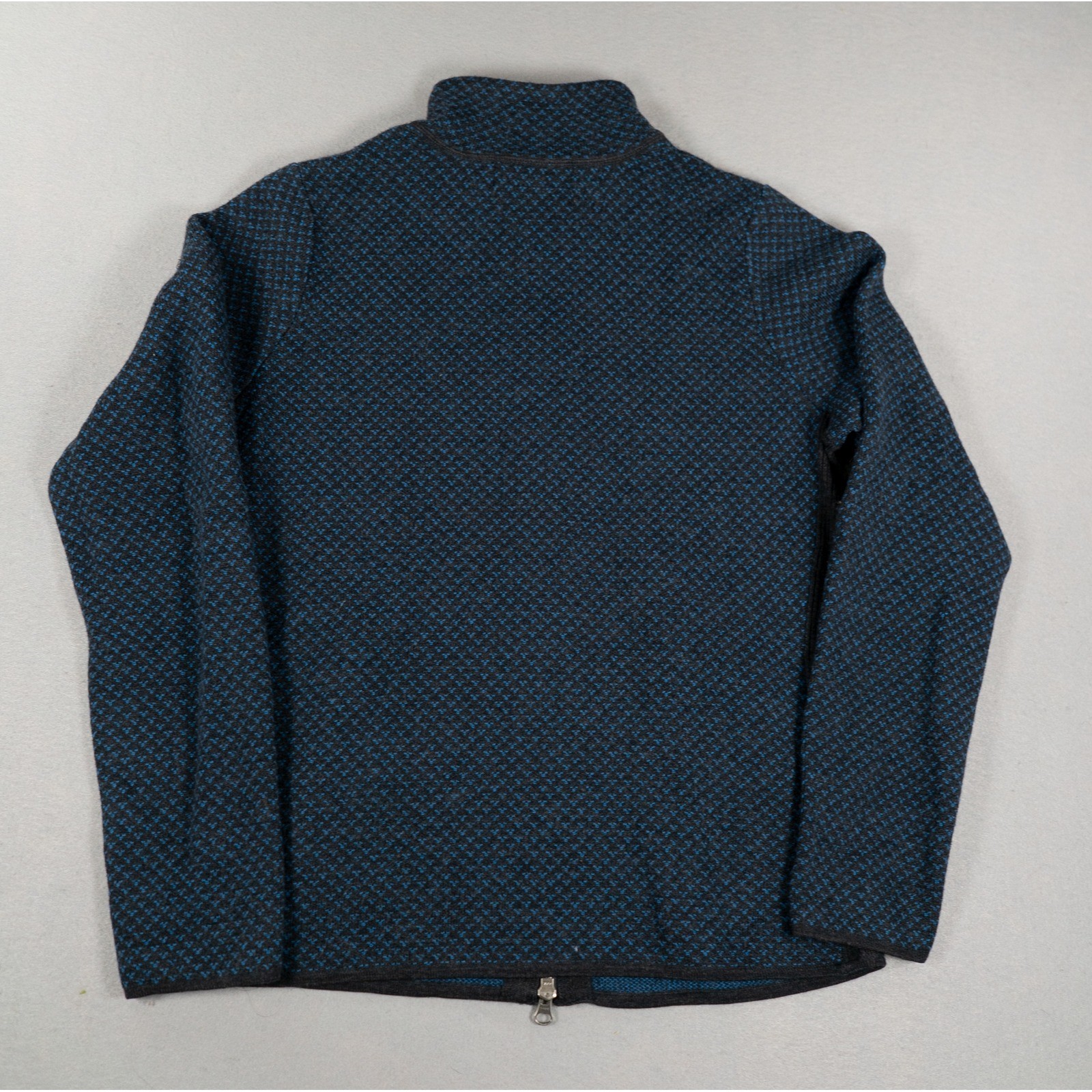 Eddie Bauer Womens Cardigan M Merino Wool Full Zip Mock Neck Blue Geometric Knit image 7