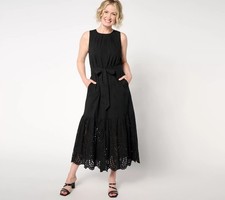 Destination 365 Petite Eyelet Sleeveless Maxi Dress with Self Belt Black L New