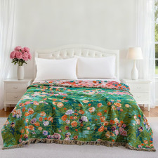 Luxurious 100 Cotton Muslin Floral Blanket, 90"x98" Reversible Throw