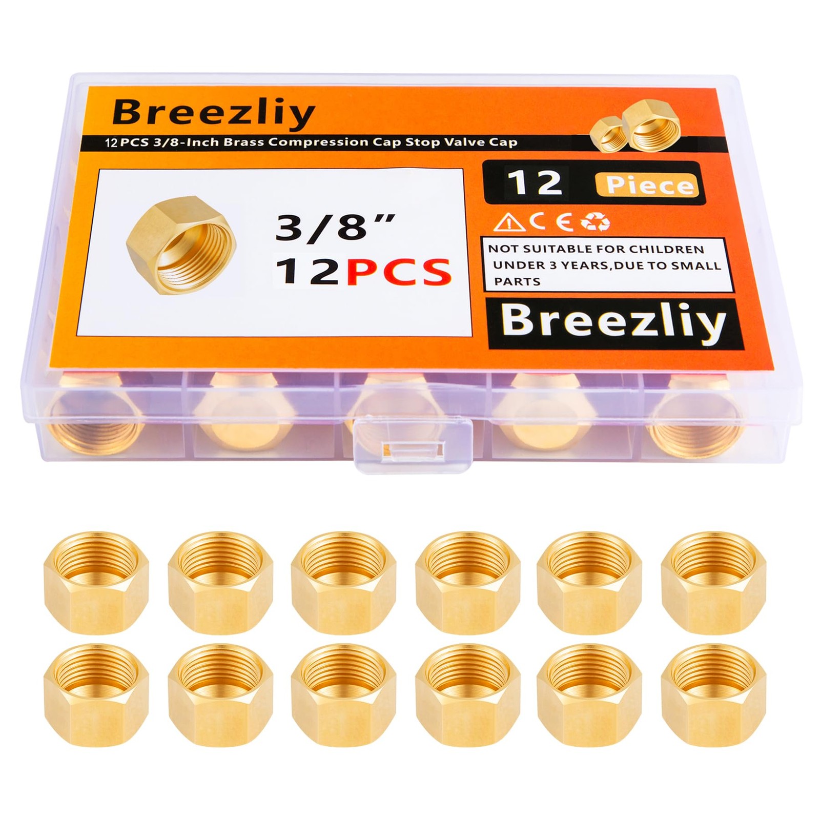 12 PCS 3/8 Inch Brass Compression Cap Stop Valve Brass Compression Fitting Set