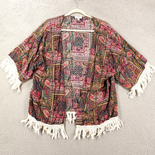 Womens Boho Kimono Size Large Medium Open Front Flowy Geometric Fringe Tassled