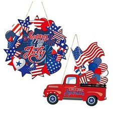 2 Pcs 4th of July Welcome Sign Wooden Door Signs Patriotic Star American Flag