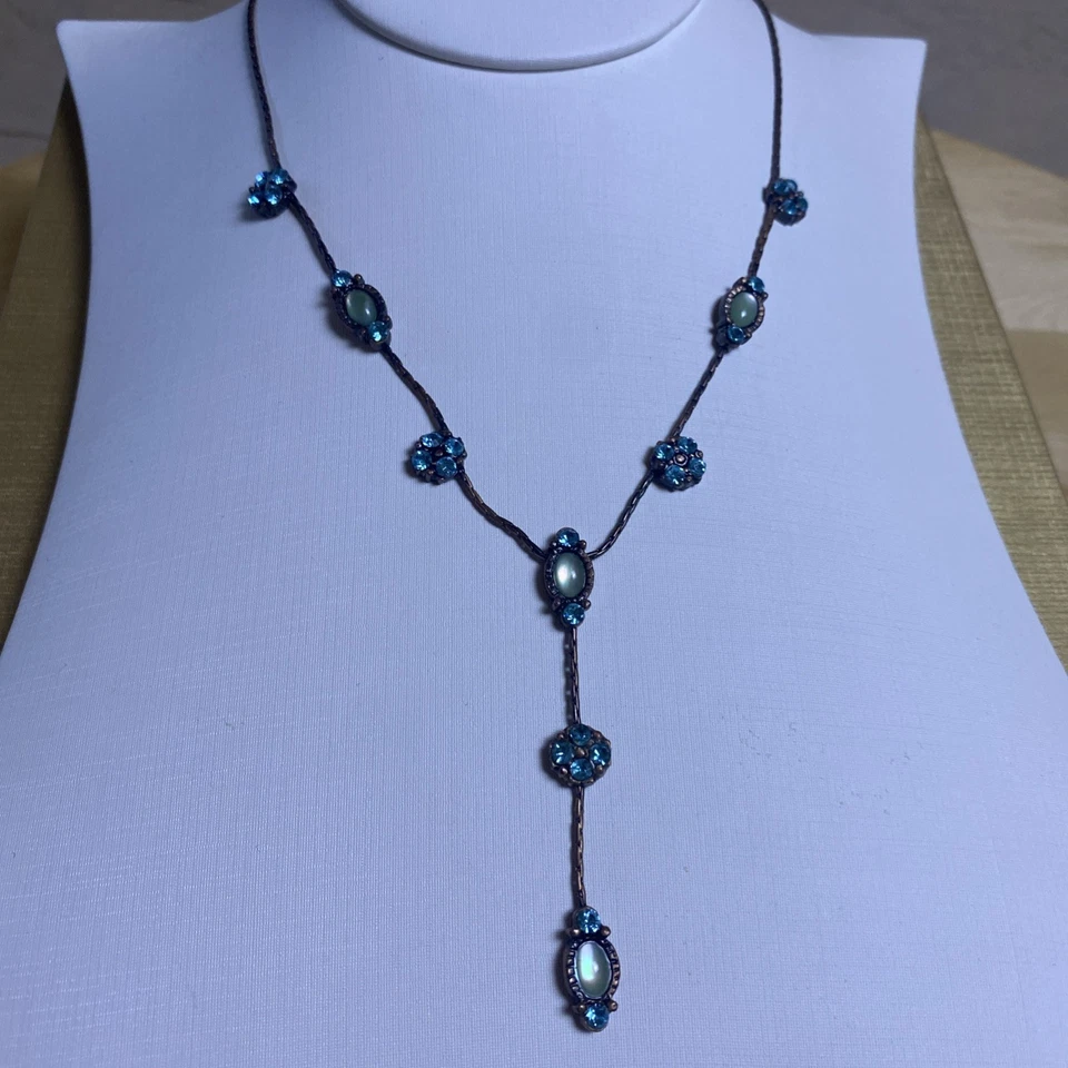 Park Lane Necklace Aqua Glow Blue Cat Eye Swarovski Crystals Copper Tone Chain - Image 3 of 4
