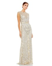 Mac Duggal 4908D Fringe Sleeve Embellished Dress Sz 8 Mrsp $598 Platinum/Gold