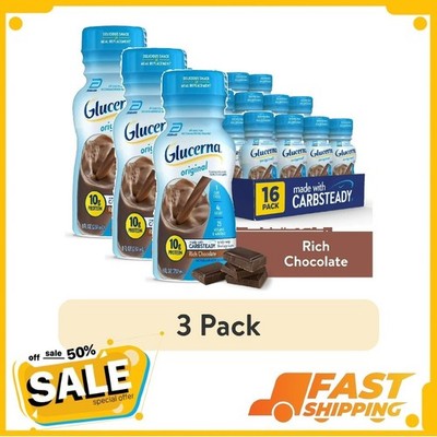 (3 pack) Glucerna Original Diabetic Protein Shake, Rich Chocolate, 8 oz, 16 Ct