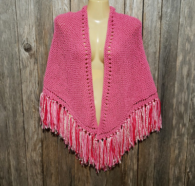 NEW Pink Hand Knitted Knit Triangle Shawl Wrap Boho Hippie Fringed Cottagecore
