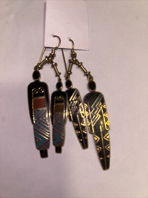 Laurel Burch Long Drop Dangle/Gold/3 Egyptian Revival/Multicolor/Signed