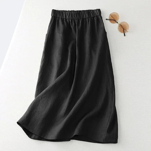 Damen Baumwollrock elastische Taille Midirock Seitentaschen Freizeit einfarbig A-Linie - Bild 9 von 19