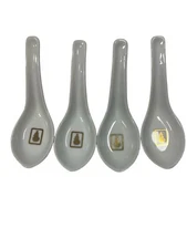 4 White Ceramic Asian Soup Spoons With Gold Accent Design