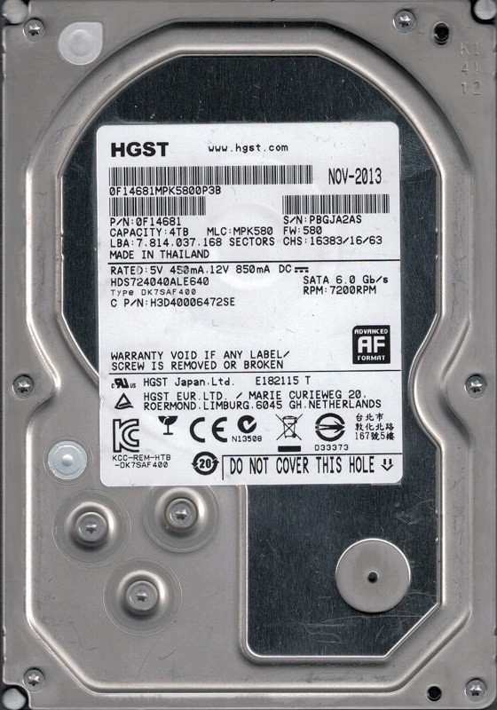 りゅう　HG HGD HJ UM　CP HDS724040ALE640 P/N: 0F14681 MLC: MPK580 HGST 4TB | eBay