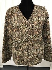 Chico s Size 1 Animal Print Silk Light Open Front Fringed Jacket, Long Sleeves