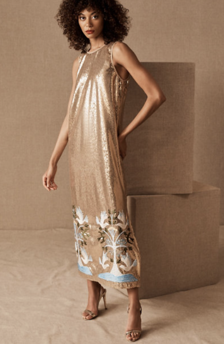 BHLDN Anna Sui Linnea Art Deco Gold Sequin Embroidered Shift Dress Size XS
