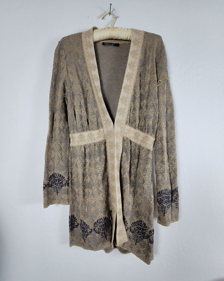 Peruvian Connection Medium Boho Sweater Cardigan Beige Floral Knit Pima Cotton