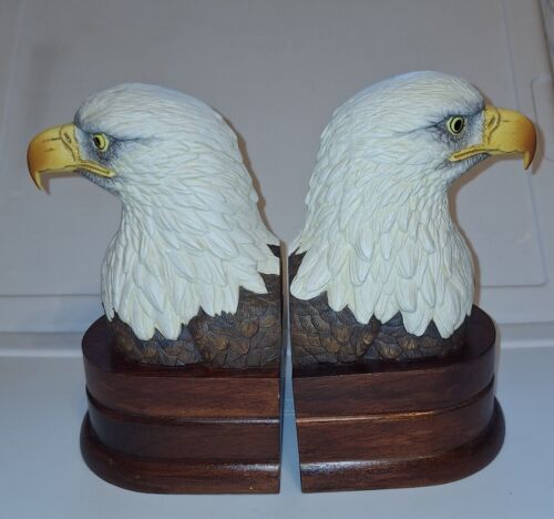 VTG Bisque Porcelain Bald Eagle Bust Bookends on Wood Bases By Andrea Sadek  - Picture 1 of 6