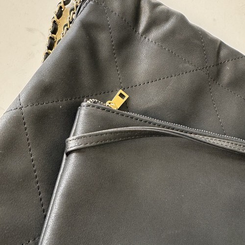 Matte Black Quilted Leather 22 Gathered Hobo Chain Tote w/ Gold Hardware - Picture 13 of 14
