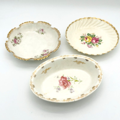 3 Mismatched Vtg Floral Bowls Shabby Crazed Granny Cottage Shelf Wall Decor
