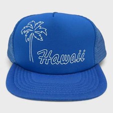 Vintage 1980s Hawaii Palm Tree Blue Mesh Snapback Trucker Hat Cap