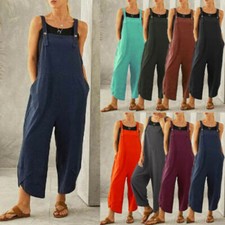 Women Cotton Linen Strappy Jumpsuit With Pockets Dungarees Baggy Overall Trouser