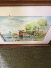 ORIGINAL WATERCOLOR PAINTING  BOAT DOCK AND BOAT HOUSE BY TOMOKO KITAJIMA