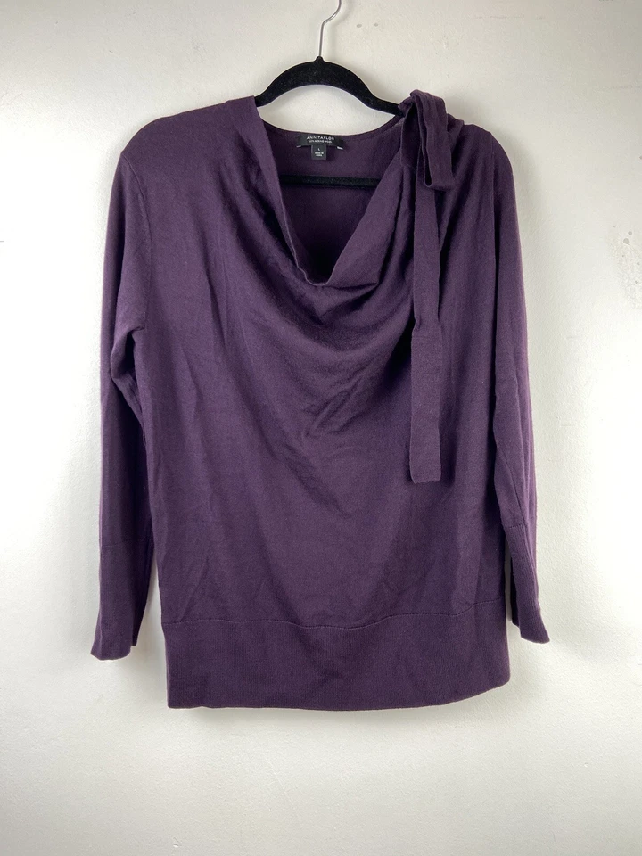 Suéter Ann Taylor Feminino Grande Roxo Decote Amarrado Lã Merino Boho Camponesa - Imagem 3 de 4