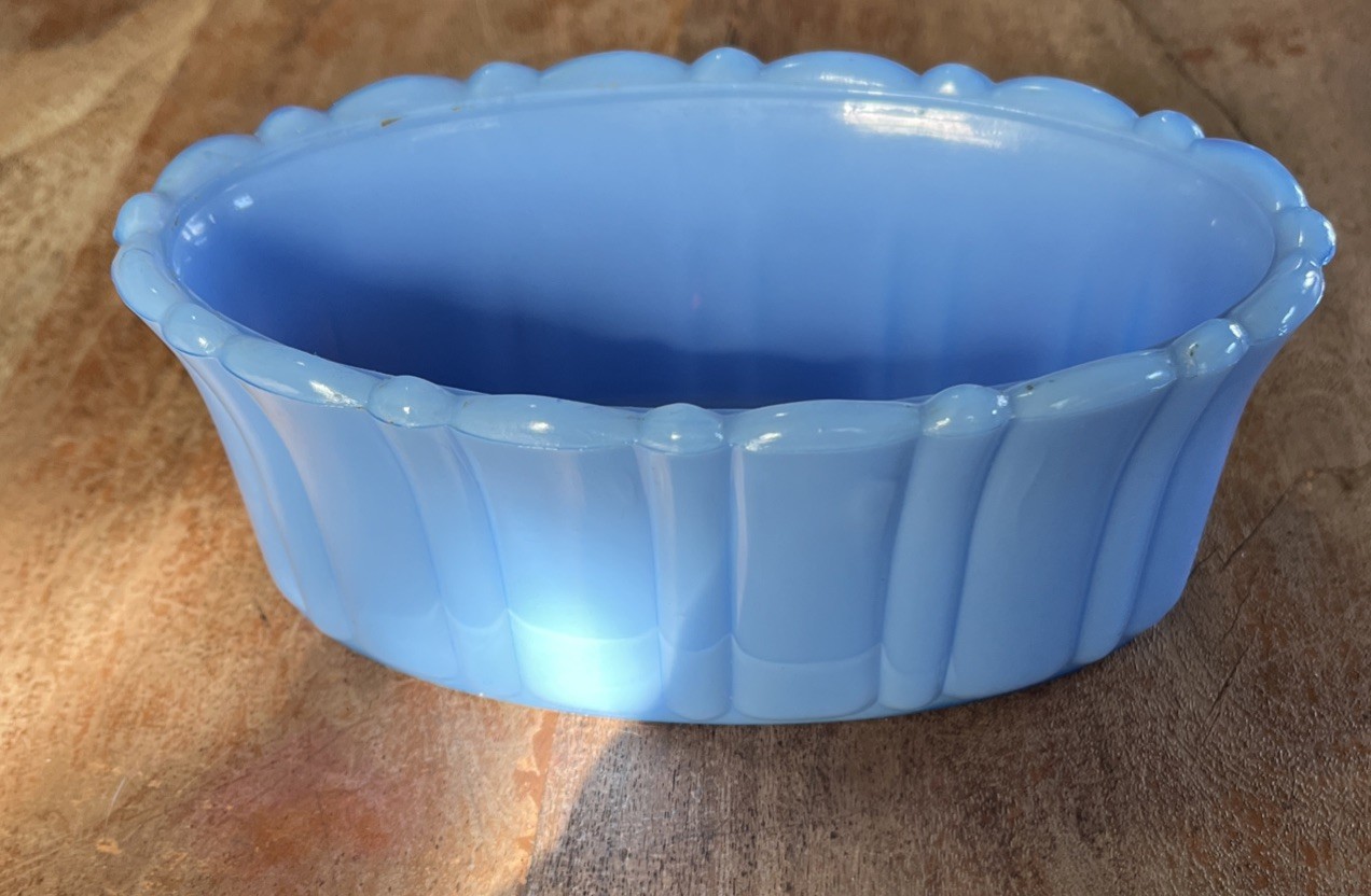 Vintage Art Deco Akro Agate Sky Blue Ribbed Slag Glass Oval Planter Bowl USA Made  
