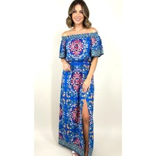 Flying Tomato Blue Boho Medallion Maxi Dress - Size S 🦋✨