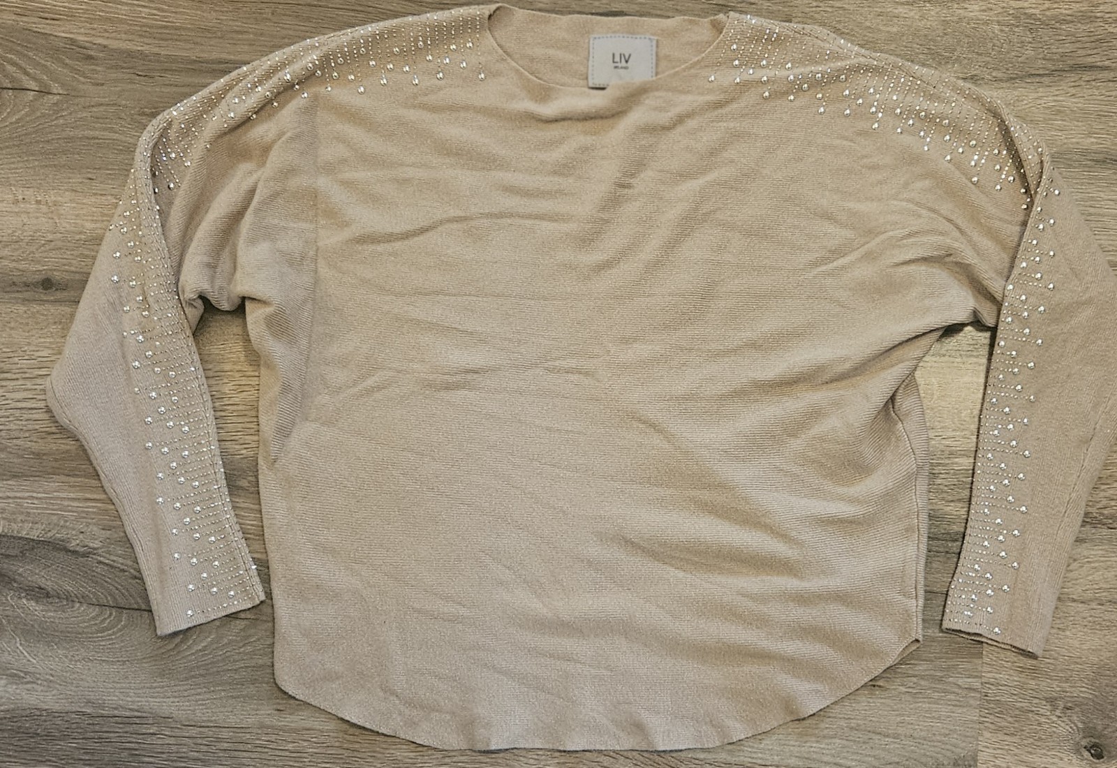 Liv Milano Women's Taupe Embellished Shoulder & Sleeves Sweater Size Med