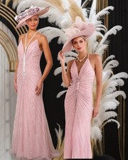 Frock & frill pink Silver beaded lace 20s prom Occasion wedding evening dress 12