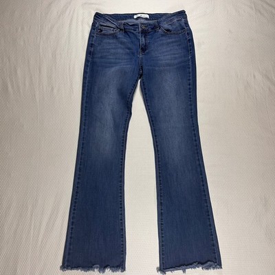 KanCan Flares Jeans Raw Hem Size 9/28 Mid Rise Stretch Boho Medium Wash