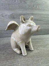 FLYING PIG w/WINGS 6" Figurine Cream Beige Glazed Ceramic Farmhouse Animal Decor