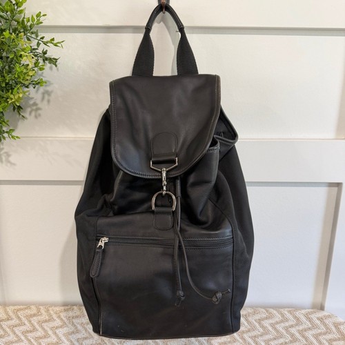 Vintage Coach L5M-689 Black Leather & Canvas Backpack Flap Drawstring RARE