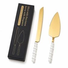 Gold Stainless Steel Wedding Cake Knife Pie Server Set 2 PCS