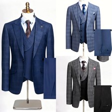 Check Men Suits Sets 3pcs Slim Fit Tuxedos Peak Lapel Jacket Vest Pants Groom