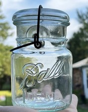 Antique Ball Ideal Mason Jar 5" Pint Wire Side Clear Green Glass Vintage w/ Lid