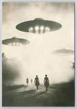 UFO Flying Saucers & Silhouetted Figures New 2025 Postcard UNP 4x6