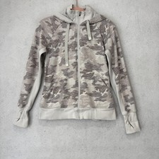 Athleta Hoodie Womens Small Gray Camo Fleece Full Zip Thumbholes Pockets Jacket