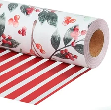 LaRibbons Reversible Christmas Wrapping 17 Inch x 33 Feet, Greens and Berries 