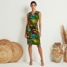 Vintage Retro Knee Length Dress Multi Floral Shift V-Neck Sleeveless Mod M