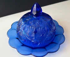 vintage Mosser Inverted Thistle Cobalt Blue Covered Butter or Cheese Dish w/ Lid