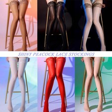 Womens Oil Shiny Glossy High Stockings Lace Silicone Stay Up Thigh-Highs Hosiery