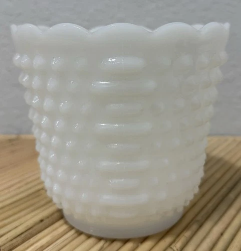 Fire King Oven Ware Milk Glass Hobnail Scalloped White Bowl Vase Planter
