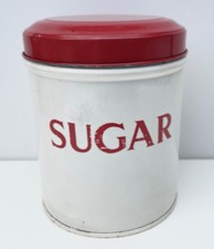 Vintage Tala Red Enamel Sugar Storage Tin Canister with Hinged Lid.