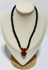 Silver Tone Black Acrylic Beaded Necklace With Faux Cinnabar Heart Necklace 