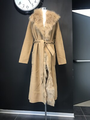 Cappotto Cammello foderato di Pelliccia con Cappuccio e  Cintura