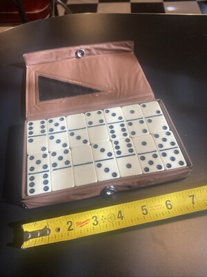 VINTAGE DOUBLE 6 DOMINOS 28 PCS SET TRAVEL SNAP BROWN VINYL CASE w/ Directions