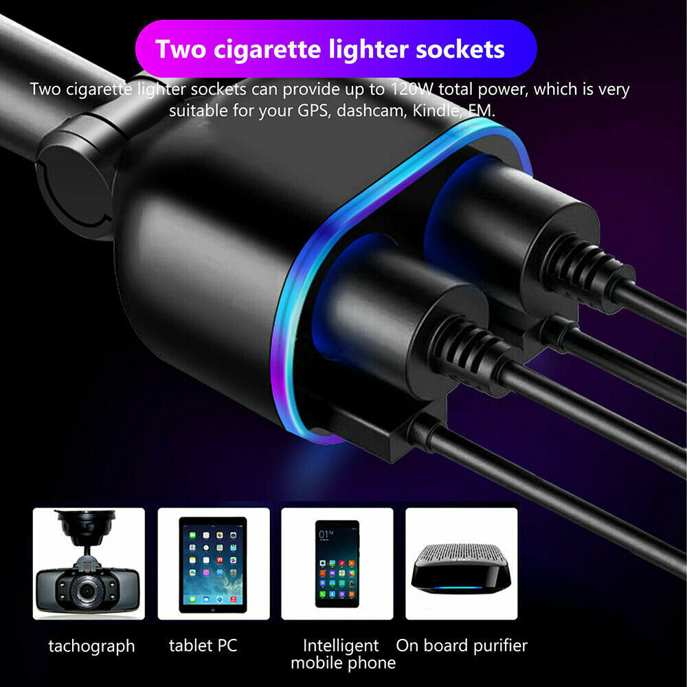 DC 12V LED 2 Way Car Cigarette Lighter Socket Splitter Dual USB
