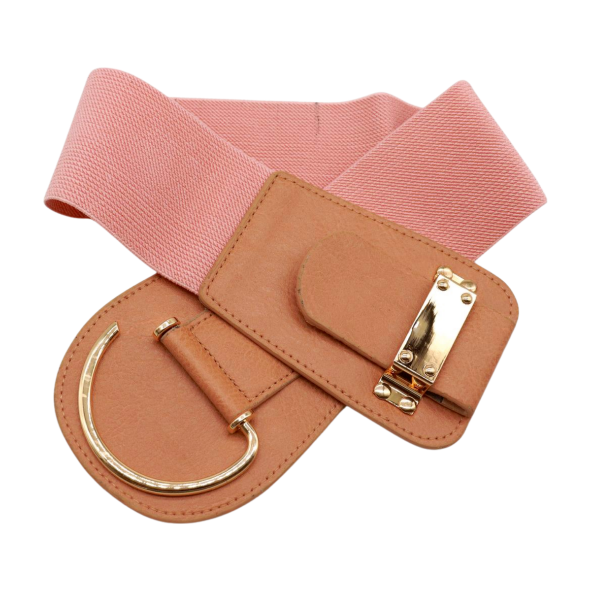 Women Pastel Pink Salmon Color Wide Elastic Belt Hip Waist 